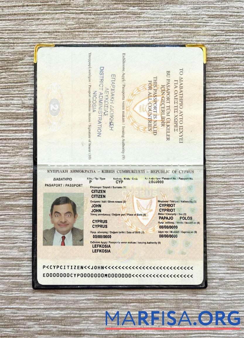 Printable Cyprus passport version 2 photo look download for verification